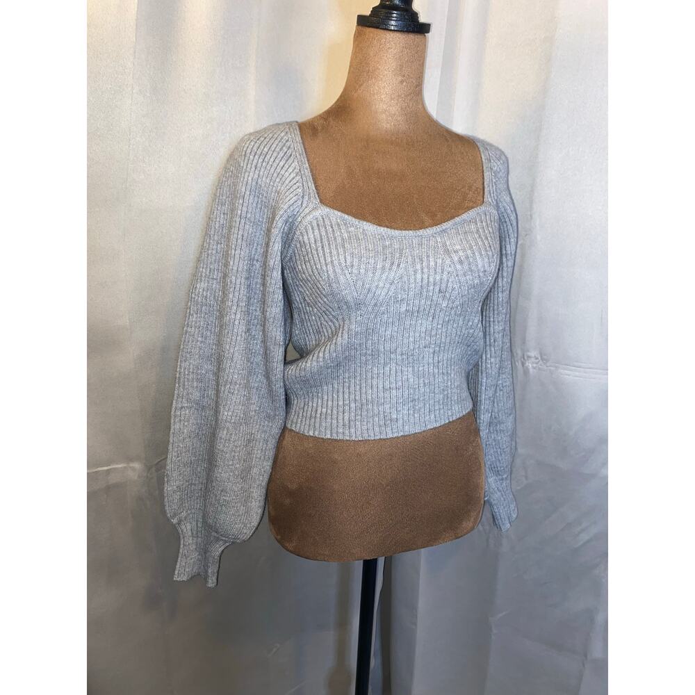 Petal & Pup Gray Ribbed Knit Cropped Sweater Balloon Sleeve NWT Size S $79
